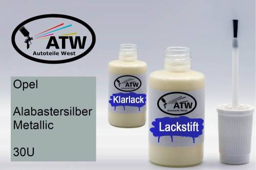 Opel, Alabastersilber Metallic, 30U: 20ml Lackstift + 20ml Klarlack - Set, von ATW Autoteile West.